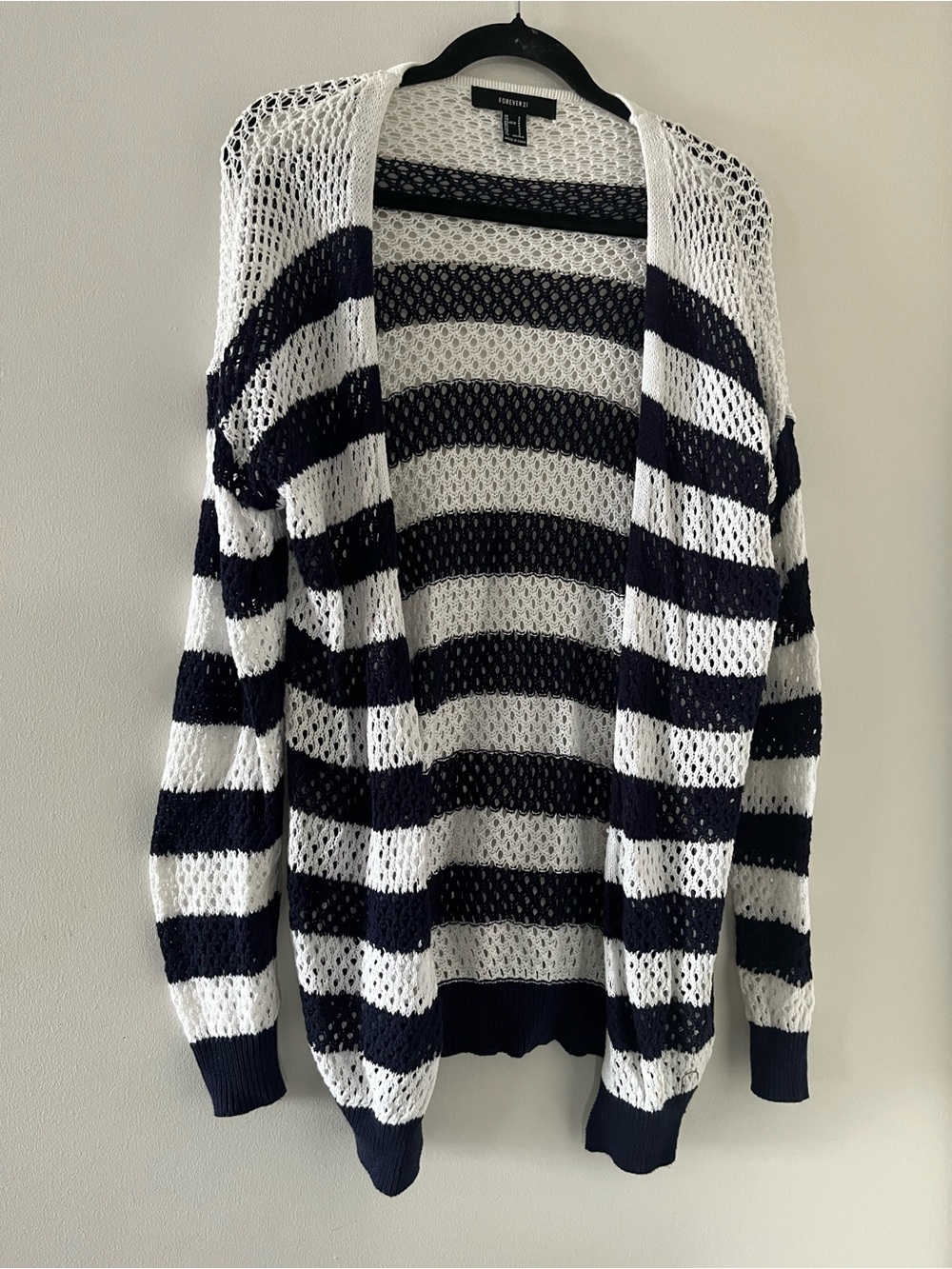100% Cotton Navy Blue White Striped Open Knit Cardigan Small Coastal Nautical